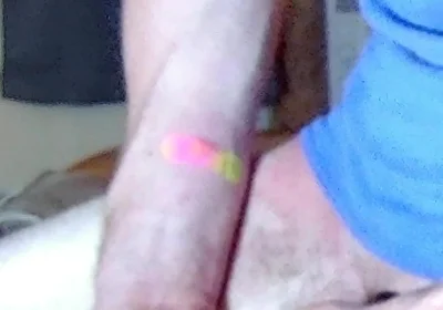 Jerking off with Blue Beater on, Standing up Near Camera