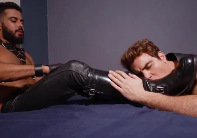 Leather master boots and feet licking cum load