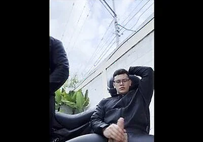 Role Play On The Bike Wearing Hot Leather, In A Hot Outddoors, And Cumming A Huge Load