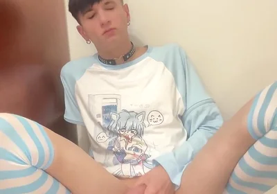 Blue Femboy Having Fun with New Toy