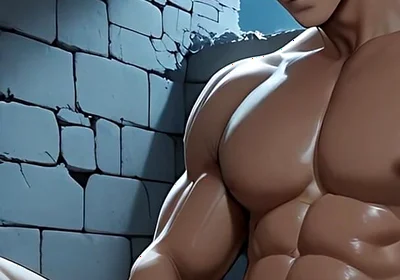 East Asian Handsome Boy Jerking in Library Toilet Under Moonlight Ruins