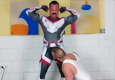 Muscle Daddy - Muscle Man Tries On Spandex Cosplay Suit With The Help Of His Muscle Stepdaddy