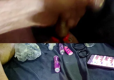 Masterbating with Cock Rings in Two Screens