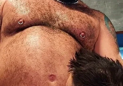 Dungeon Session: Sweaty Cage Play, Pierced Kinkster Gagged, Spit-fed, Edged