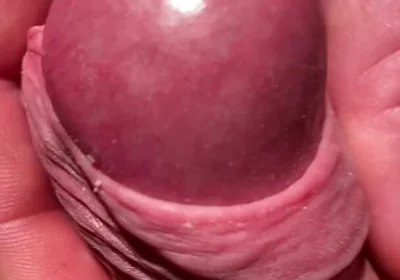 Edging His Big Cock Head with His Own Foreskin Until He Cums