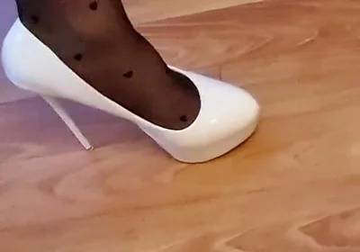 Sexy Trio of High Heels, I Secretly Walk in Their Pantyhose and Play with the Heels