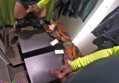 In Front of Several Mirrors, I Pleasurably Masturbate My Thick Foreskin Cock in the Changing Room of a Clothing Store